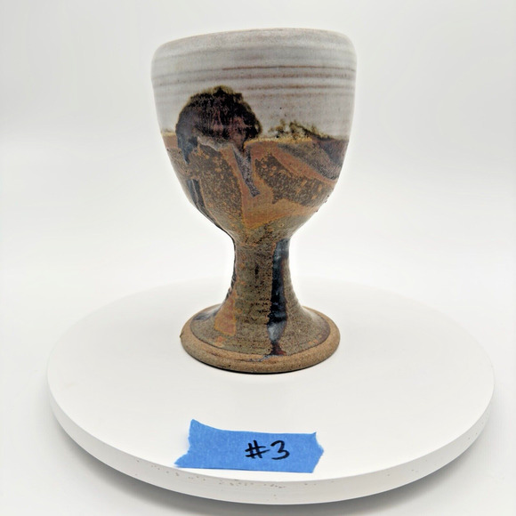Studio Art Pottery Goblet Chalice Cup Textured Brown Gray Stoneware Signed #3 - Picture 9 of 9